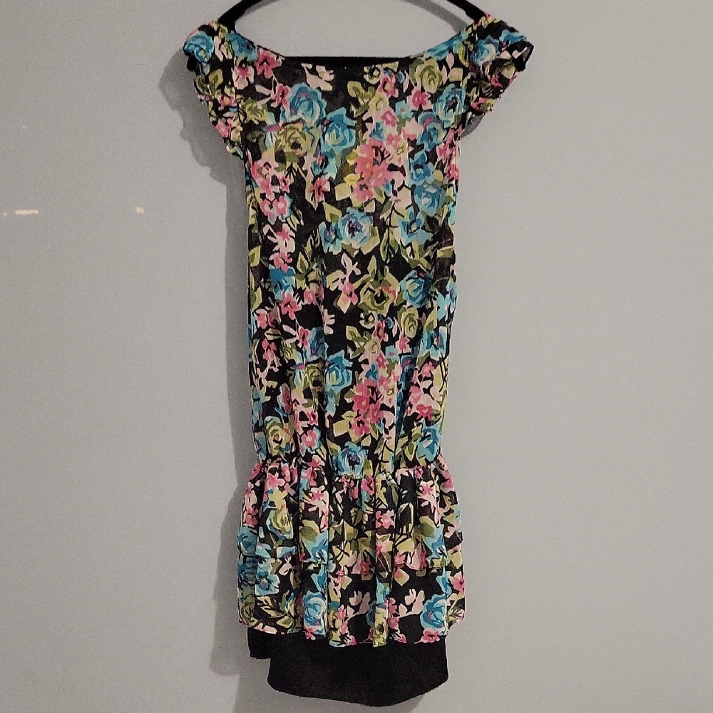 AQUA Floral Off-Shoulder Dress⁰ frill Layered Dress
